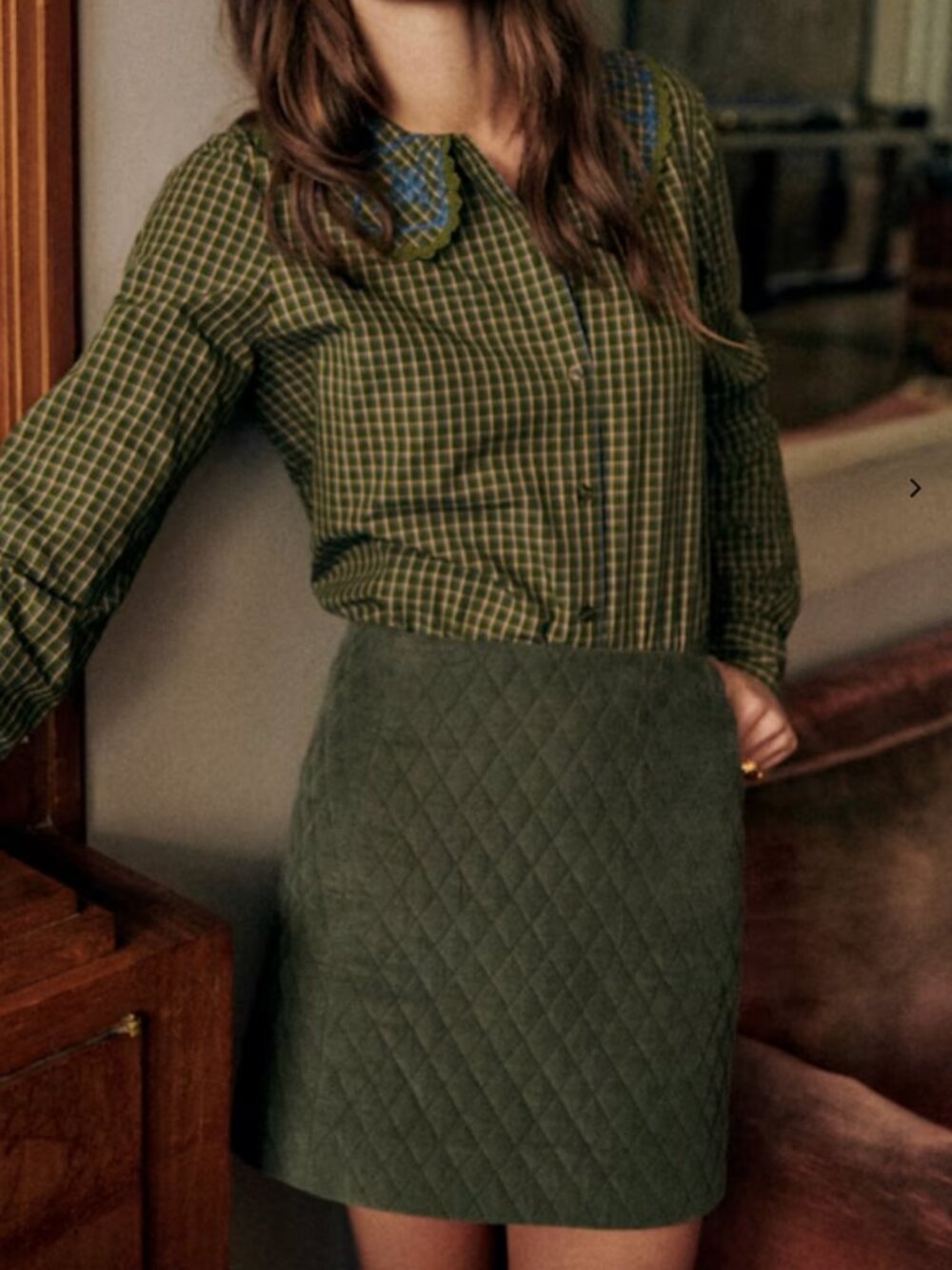 Sezane Malia Khaki velvet Quilted Mini Skirt